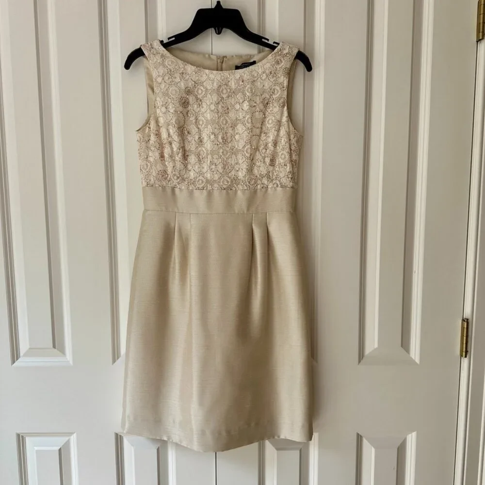 Tahari Cocktail Dress Beaded Bodice Sleeveless Size 4 Petite Ivory Lace - Picture 9 of 15